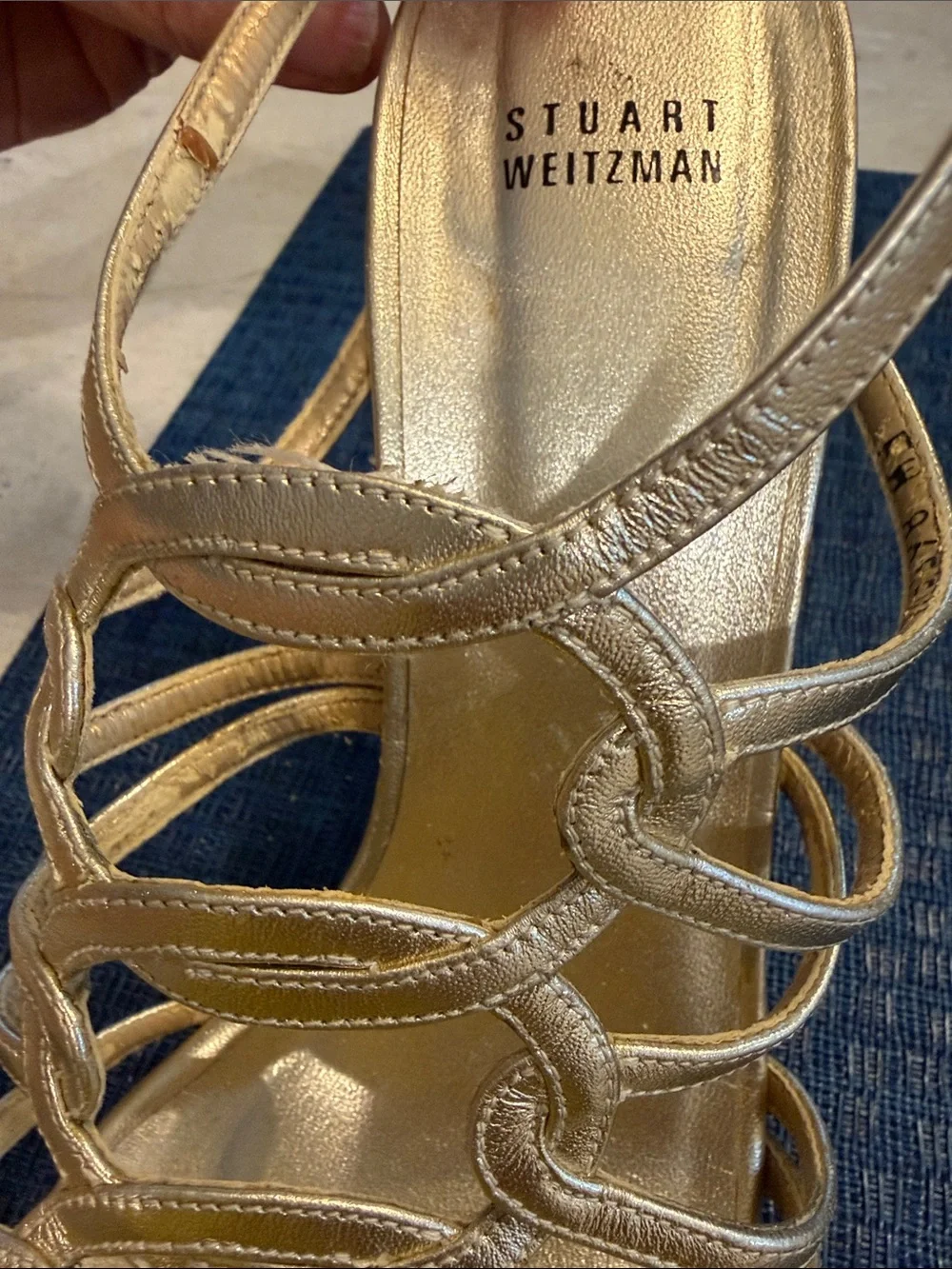 Stuart Weitzman Metallic Gold Multi-Strap stiletto Sandals with ankle wrap